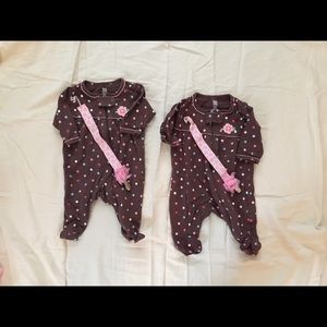 Twin girls newborn pjs w/ pacifier clips included